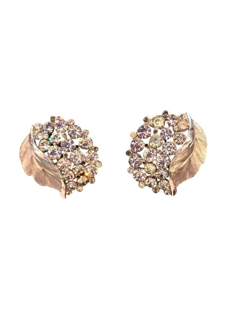 Vintage Crown Trifari Silver-tone Rhinestone Clip on Leaf Earrings